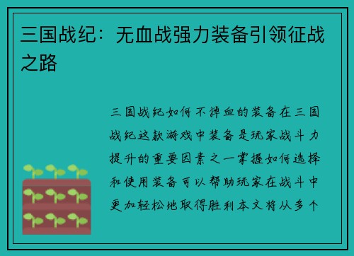 三国战纪：无血战强力装备引领征战之路